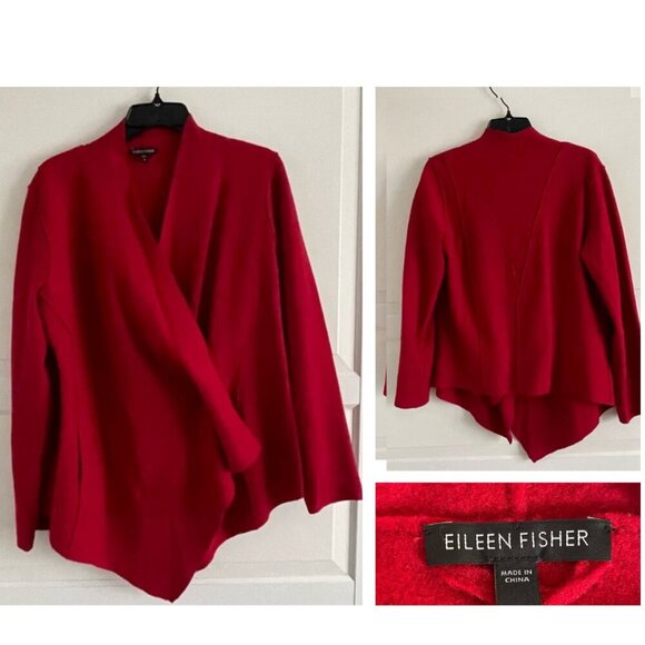 Eileen Fisher Red Merino Wool Long Sleeve Snap Cardigan Sweater 20893 - Picture 1 of 8